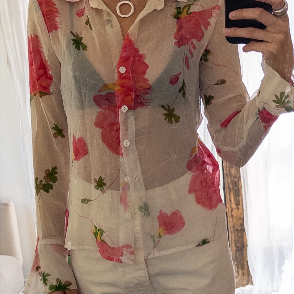 Vintage Floral Sheer Button-Up Blouse